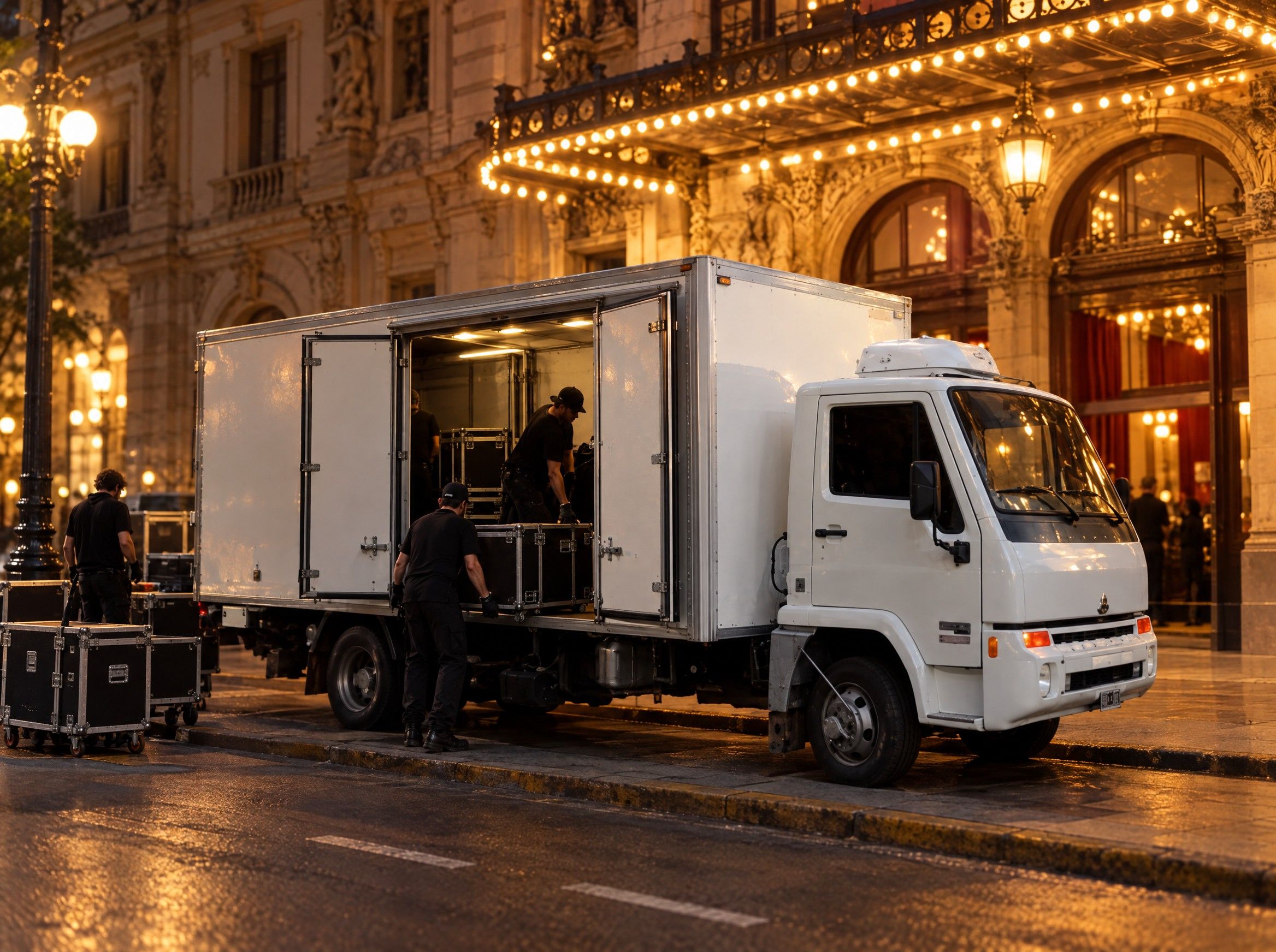 Camión Agrale de Mitsuo descargando cajas de equipamiento en la puerta de escenario de un teatro