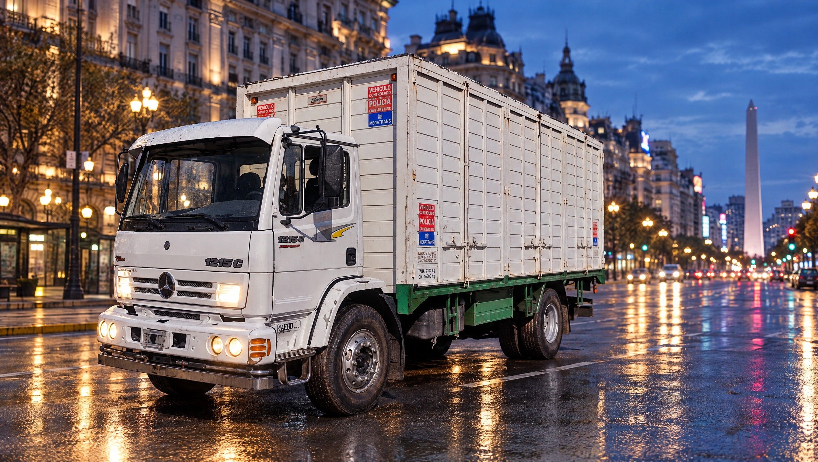 Ford Cargo 1215 de Mitsuo estacionado en una avenida de Buenos Aires al anochecer